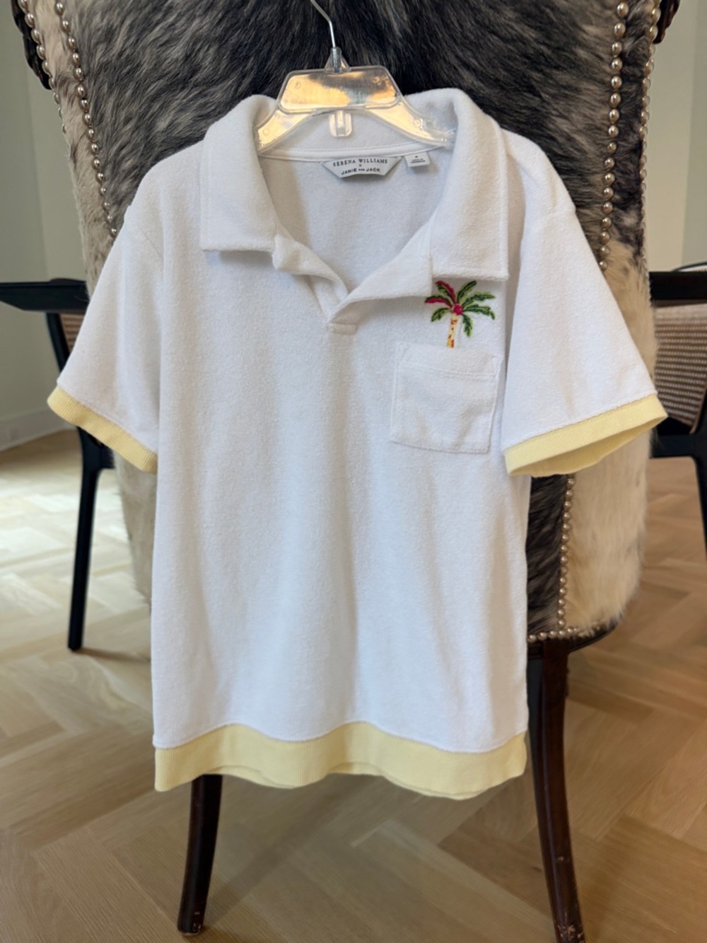 Janie and Jack White Terry Polo with Yellow Trim and Palm Embroidery Size 8